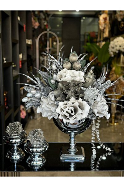 TASARIMHMODA Yapay Çiçekli Gümüş Kare Ayak Vazo 3 Parça Set No:2