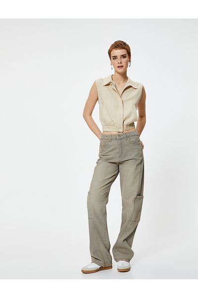 Koton Linen Blended - Sleeveless Zippered Crop Shirt