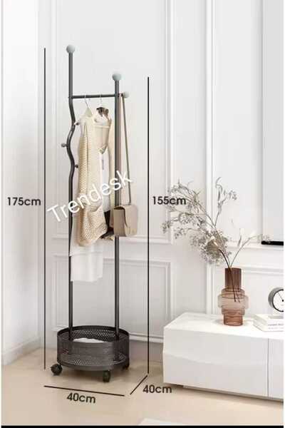 TRENDESK Ayaklı Siyah Konfeksiyon Askısı Metal Elbise Askılığı Sepetli askılı...