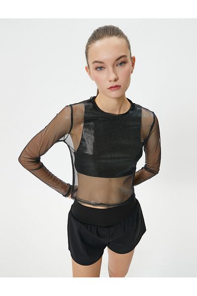 Koton Tricou crop din tul strălucitor, cu mânecă lungă, cu decolteu, o potrivire confortabilă