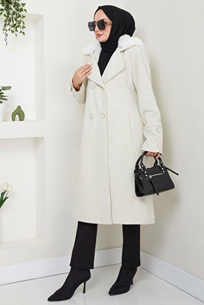 hafsamina Παλτό εκρού με γούνινο γιακά - HM2583