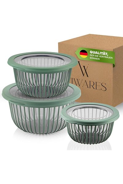 Viwares Polyline Schüssel mit Deckel – 3er Set in Grün (1, 2 und 3 Liter).