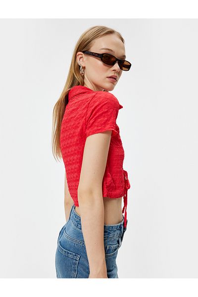 Koton Polo Neck Crop T-Shirt - Front Drawstring and Tie-Up Texture