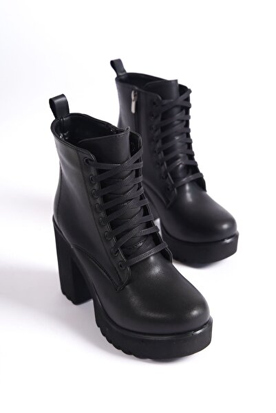 Shoesers Kadın Yüksek Platform Topuklu Zımparalanmış Dokulu Taban Bağcıklı ve Fermuarlı Su Geçirmez Bot