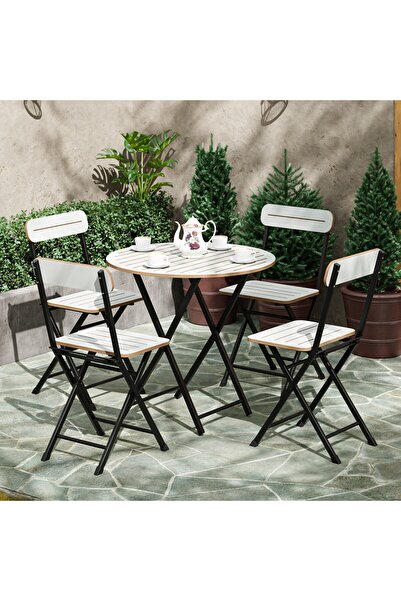 eportatif 4 Kişilik Yuvarlak Bistro Takım Bahçe Mutfak Masa Sandalye Beyaz 1501