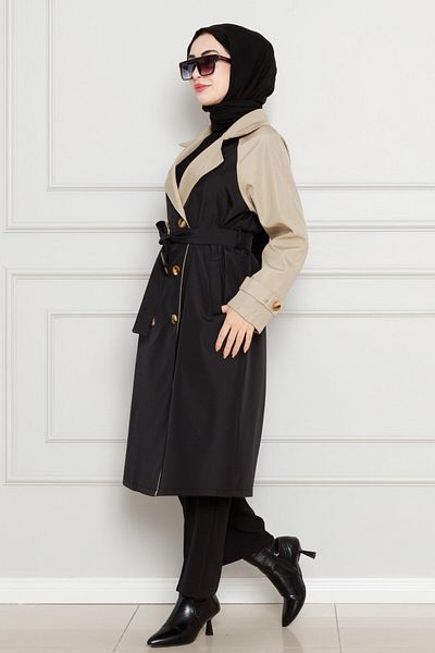 Sevitli Two-Color Belted Trench Coat-Black