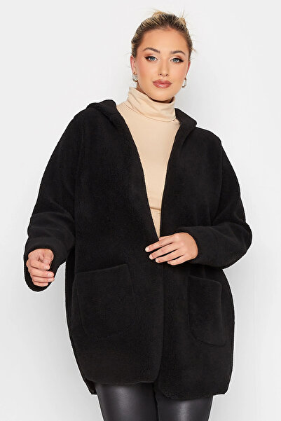 Stil Diva Büyük Beden Kapüşonlu Cepli Düğmesiz Peluş Ceket 301258
