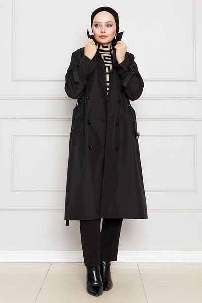 Sevitli Black Pocket Belted Trench Coat