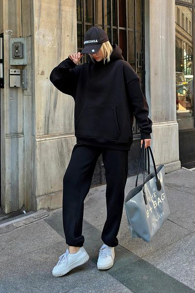 Swist Schwarzes Felpa Kapuzen-Sweatshirt-Trainingsanzug-Damen-Trainingsanzug-Set