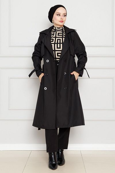 Sevitli Black Pocket Belted Trench Coat
