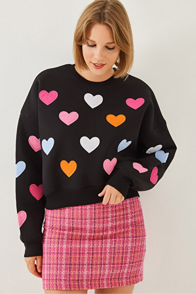 Bianco Lucci Kadın Kalp Nakışlı Üç İplik Şardonlu Sweatshirt 6458 60251955