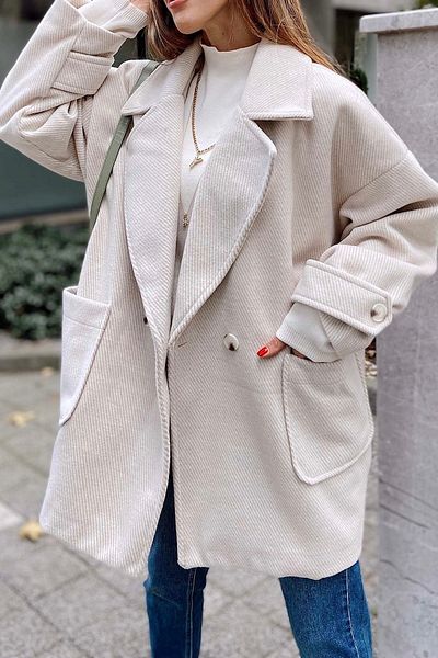 Suzi butik Women's Ecru Oversize Coat with Bag and Pocket 9247