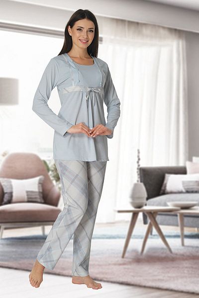 Pelin Set de pijamale de maternitate pentru femei, albastru, cu mâneci lungi, în carouri