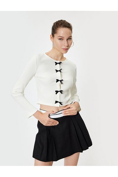 Koton Crew Neck Bow Cardigan - Long Sleeve and Button