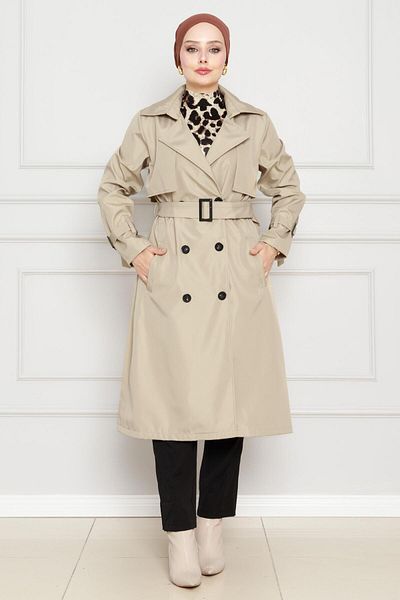 Sevitli Beige Pocket Belted Trench Coat