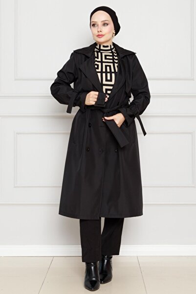 Sevitli Cepkenli Kemerli Trençkot-Siyah