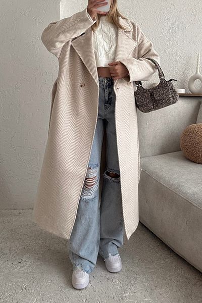 Suzi butik Dámsky dlhý kabát s vlnovkovým vzorom rybieho chrbta 9382