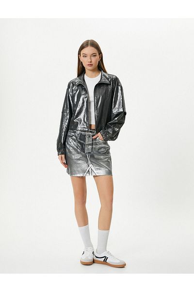 Koton Metallic Shiny Jacket Zippered Stand Collar Parachute Fabric