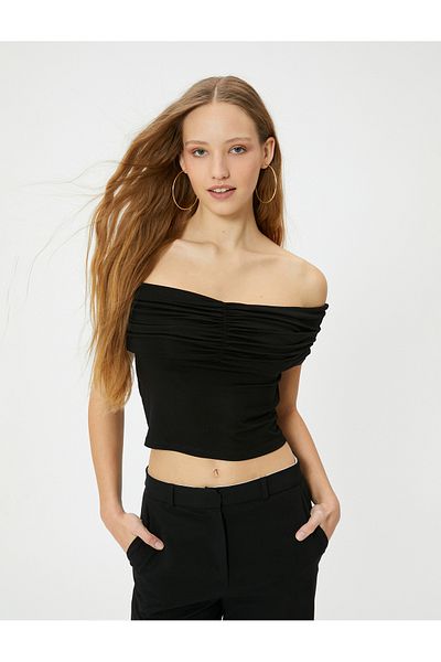 Koton Tricou cu guler Madonna, cu umăr deschis, drapaj, țesătură vâscoasă, slim fit