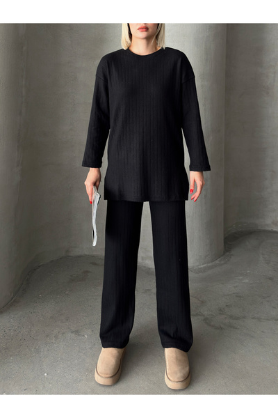 AFROGİYİM Women's Open Collar Ribbed Comfortable Cut Suit