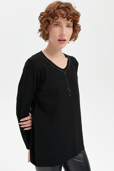 Desen Triko V-Neck Jewelled Neck Patterned Black Ligra Women's Blouse