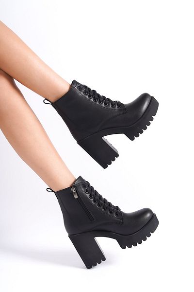 Shoesers Cizme impermeabile pentru femei cu platformă înaltă, cu toc, șlefuită, texturată, cu șireturi și fermoar