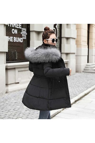 Barbora Lange Pufferjacke für Damen – Winterkragen, mit Fell, Schwarz11