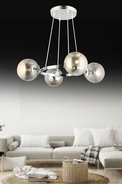 SONSUZ AYDINLATMA&AVİZE Endless Chrome 4-Piece Ring Smoked Globe Glass Modern Chandelier