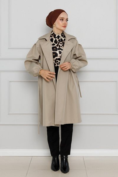 Sevitli Stone Colored Double Breasted Collar and Elastic Sleeve Trench Coat