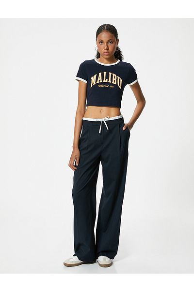 Koton College Printed Cotton Slim Fit Crop T-Shirt - Short Sleeve, Crew Neck