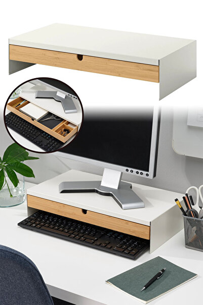 Binbirreyon Monitör Yükseltici Stand Çekmeceli Organizerli Monitör Sehpası Metal Bambu BE001