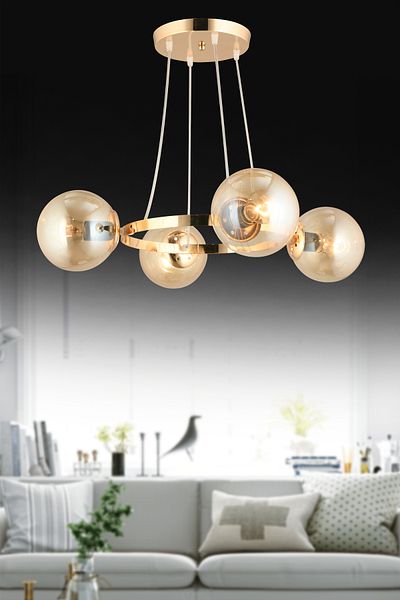 SONSUZ AYDINLATMA&AVİZE Endless Gold 4-Piece Ring Honey Globe Glass Modern Chandelier