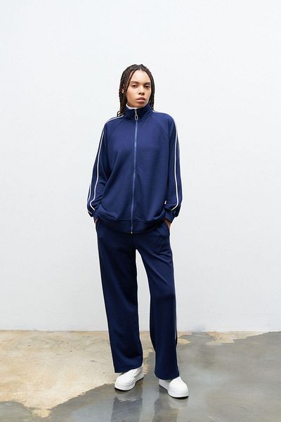 Basicpark Navy Blue Women's Sleeve Top and Trousers Side Stripe Detailed Zippered Stand Collar Modal Bottom Iron Set
