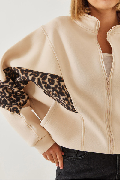 Bianco Lucci Women's Leopard Pattern Fleece Garnished Zippered Cardigan 6416 60251953