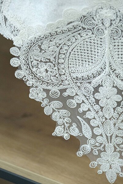 bursa çeyiz Velvet 5 Piece Modern Embroidered Living Room Set - Ecru