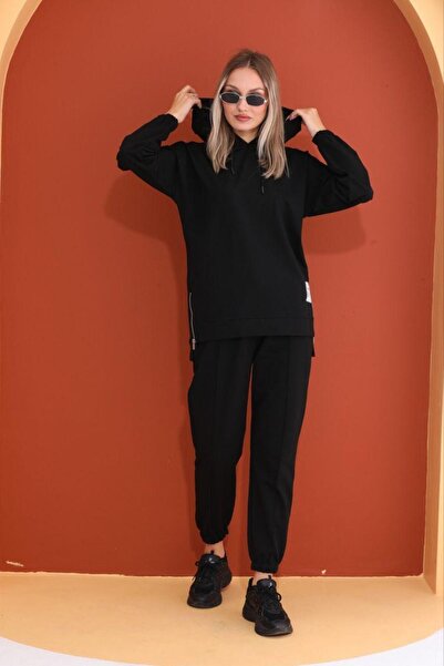 BEYAZTOPTAN Γυναικεία φόρμα 705 Μαύρη με κουκούλα και φερμουάρ στο πλάι