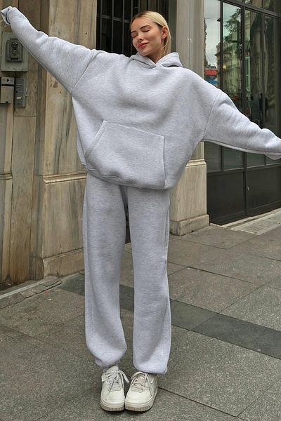 Swist Graues Felpa-Kapuzen-Sweatshirt-Trainingsanzug-Set für Damen