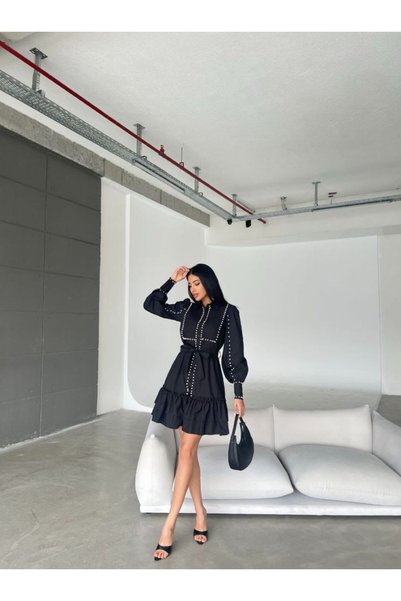jennyfer garment İTHAL POPLİN KUMAŞ İNCİ TAŞ DETAYLI ELBİSE
