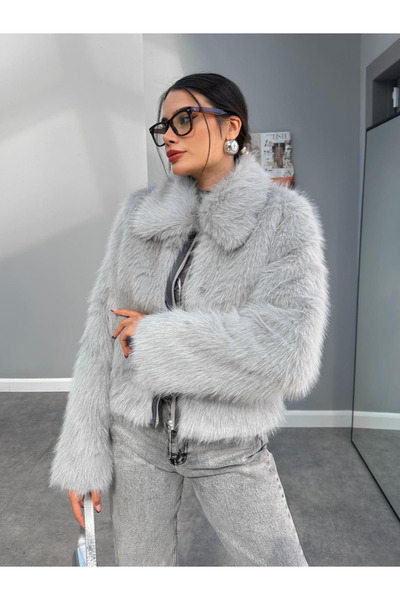 My Blog Šedá bunda z umělé kožešiny na zip vepředu Winnie - 500006