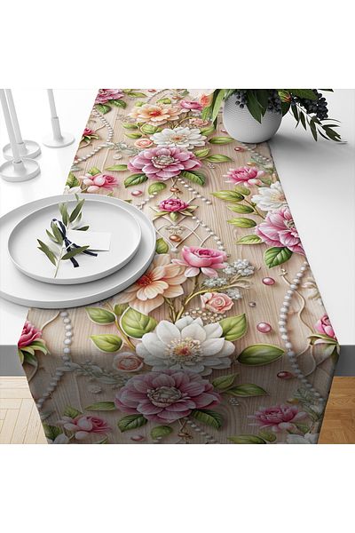 Else Dekor Husă decorativă pentru alergător, cu model floral perlat, imprimată digitală, rezistentă la pete, 40x140cm