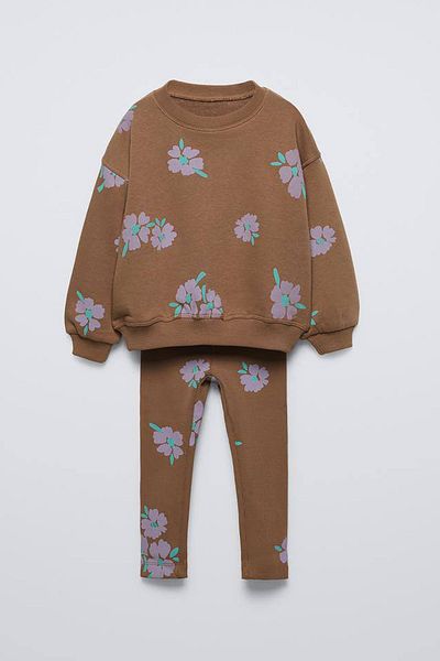 Monila New Season 3 Yarn Cotton Fabric Floral Printed Sweatshirt and Ribbed Leggings Bottom Top Set