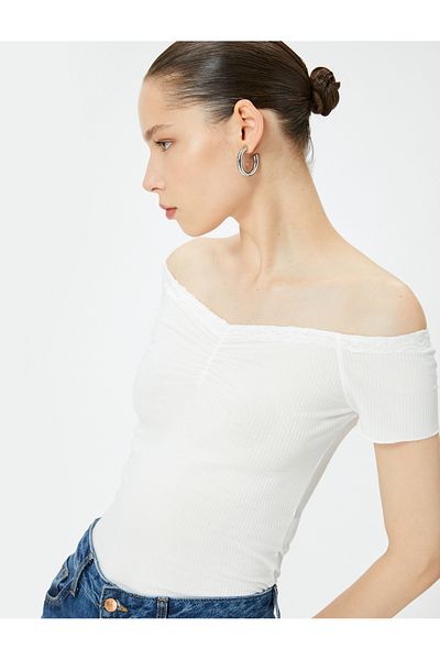 Koton Off-The-Shoulder Body Lace Detailed Draped Short Sleeve Slim Fit