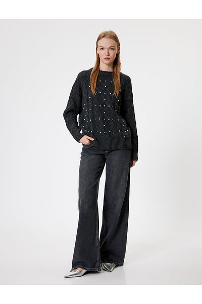 Koton Crew Neck Pearl Detailed Knitwear Sweater - Long Sleeve