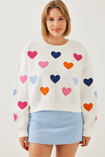 Bianco Lucci Kadın Kalp Nakışlı Üç İplik Şardonlu Sweatshirt 6458 60251955