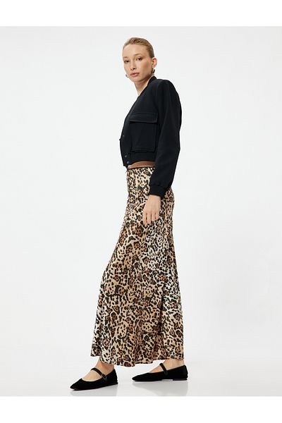 Koton Leopard Patterned Long Satin Skirt - Standard Waist