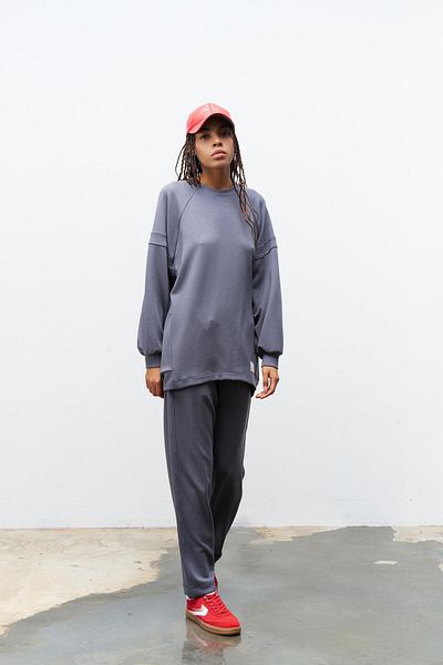 Basicpark Smoked Anti-Sweat Ornamental Label Detailed Top and Waist Elastic Trousers Modal Set