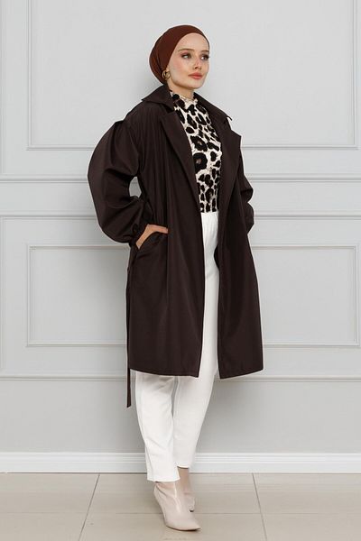 Sevitli Bitter Brown Double-Breasted Collar and Elastic Sleeve Trench Coat