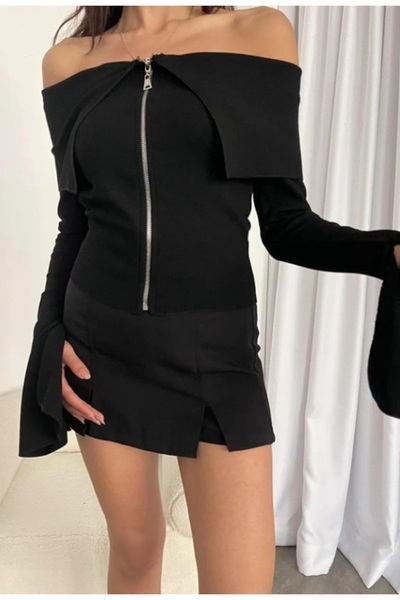 Zula Moda Cardigan pentru femei, cu fermoar dublu, guler Madonna, cu mâneci, ...