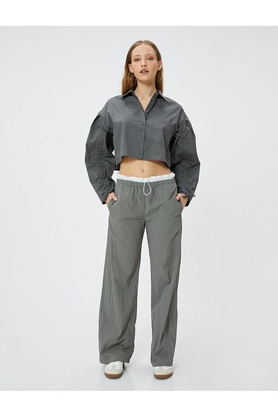 Koton Crop Shirt Langarm Ärmel gerafft gebunden