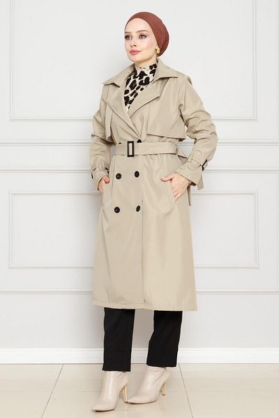 Sevitli Beige Pocket Belted Trench Coat